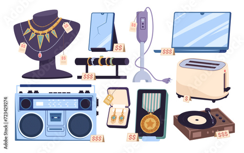 Pawnshop service, set of antiques for sale. Pawnbroker collection with jewelry, gold rings and luxury necklace, vintage electrical appliances and devices to play music cartoon vector illustration