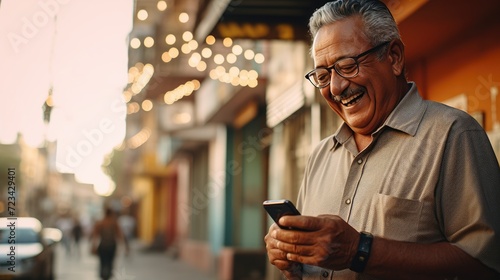 Happy smiling senior man is using a smartphone outdoors