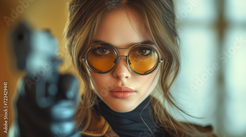 Portrait of a cosplay girl as a super agent wearing yellow glasses and holding a gun.