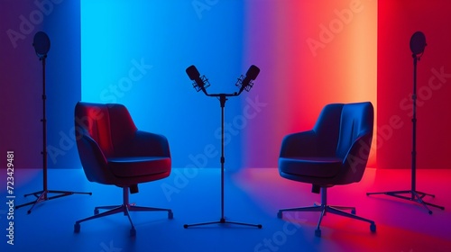 Modern Podcast Studio Setup with Two Chairs and Microphones. Generative ai