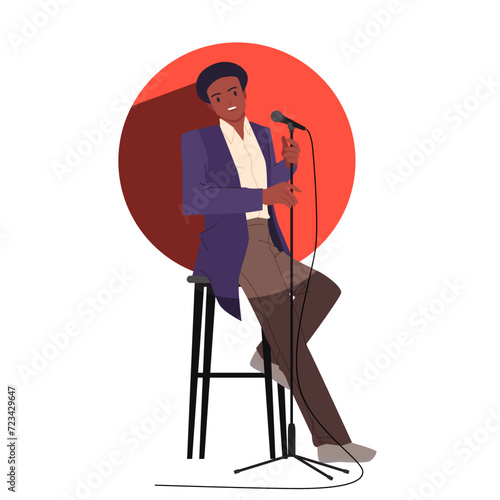 Comedy stand up show with man sitting on stool with microphone to tell jokes. Talent male comedian telling funny story in spotlight circle, standup concert in night club cartoon vector illustration