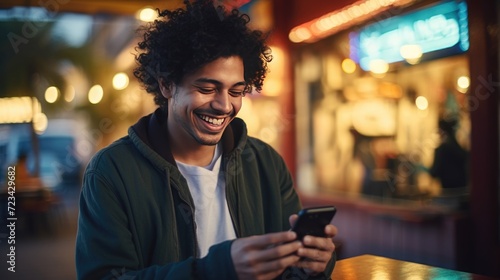 Happy smiling young man is using a smartphone outdoors