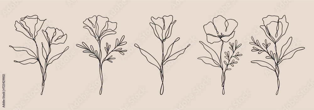 Flower Line Art Set | Floral Vector Bundle | Botanical Nature Designs - obrazy, fototapety, plakaty 