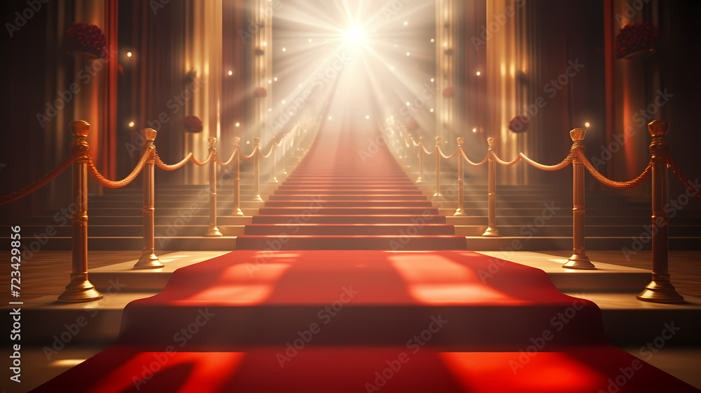 Red carpet staircase with smoke and spotlights, holiday awards ceremony event Red carpet staircase with smoke and spotlights, holiday awards ceremony event