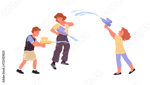 Happy kids playing with water guns together. Boy and girls splashing water from funny plastic space handguns, cute children play with pump pistols on summer festival cartoon vector illustration