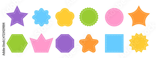 Set of different basic geometric shapes with dotted stitches. Colorful empty tags, patches, stickers, text boxes, price labels, promo code badges isolated on white background. Vector flat illustration