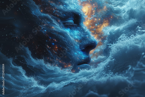 A photo manipulation of a person with a galaxy pattern within, and waves flowing out, symbolizing universal connection. Concept of universal mind and cosmic connection. Generative Ai. photo