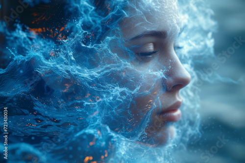 A surreal depiction of a person's profile with waves of water and light flowing from the mind, representing psychic fluidity. Concept of fluid thoughts and psychic adaptability. Generative Ai. © Sebastian