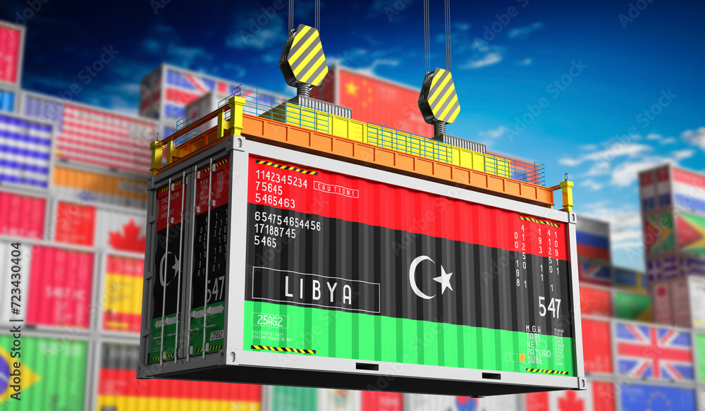 Freight shipping container with national flag of Libya - 3D illustration