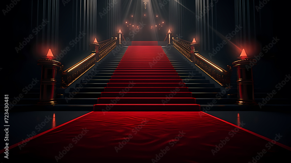 Luxurious and elegant red carpet staircase, holiday awards ceremony event Luxurious and elegant red carpet staircase, holiday awards ceremony event