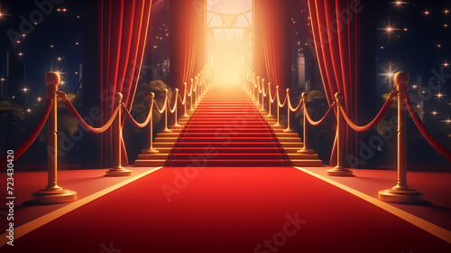 Red carpet staircase with smoke and spotlights, holiday awards ceremony event photo