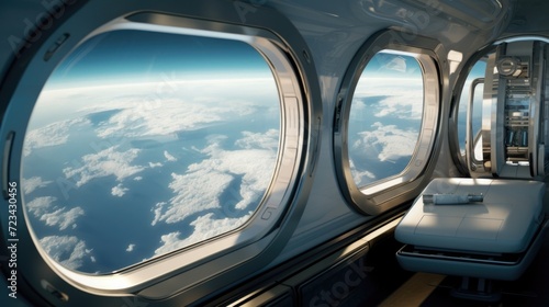A closeup of a futuristic space hotel, complete with large windows offering breathtaking views of the Earth and stars, representing the luxurious experience that space tourism could provide. © Justlight