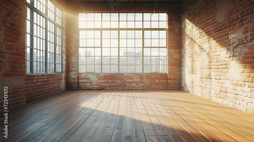 Empty room with big window in loft style. Wooden floor and brick wall in a modern interior   Generative AI