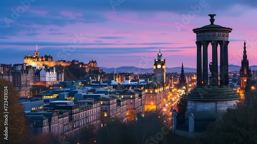 View from Calton Hill over the historic Old Town at night, dusk, Edinburgh, Scotland, United Kingdom, Europe : Generative AI photo
