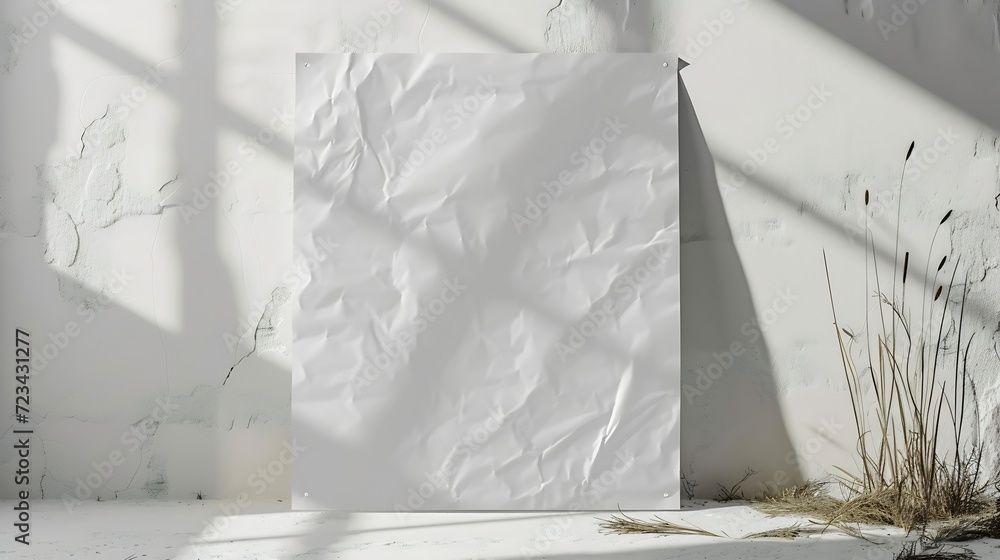 White wrinkled poster template. Glued paper mock up. Blank wheat paste on textured wall. Empty street art sticker mock up in frame. Clear urban glued advertising canvas. : Generative AI White wrinkled poster template. Glued paper mock up. Blank wheat paste on textured wall. Empty street art sticker mock up in frame. Clear urban glued advertising canvas. : Generative AI
