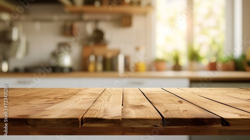 Wood table top on blurred kitchen background. can be used mock up for montage products display or design layout : Generative AI