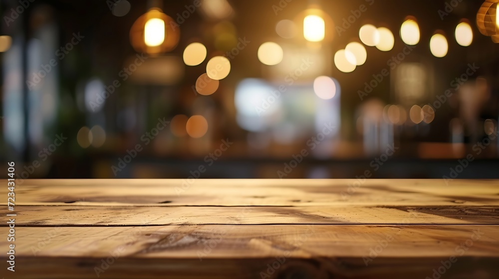 wood table on blur of cafe, coffee shop, bar, background - can used for display or montage your products : Generative AI wood table on blur of cafe, coffee shop, bar, background - can used for display or montage your products : Generative AI