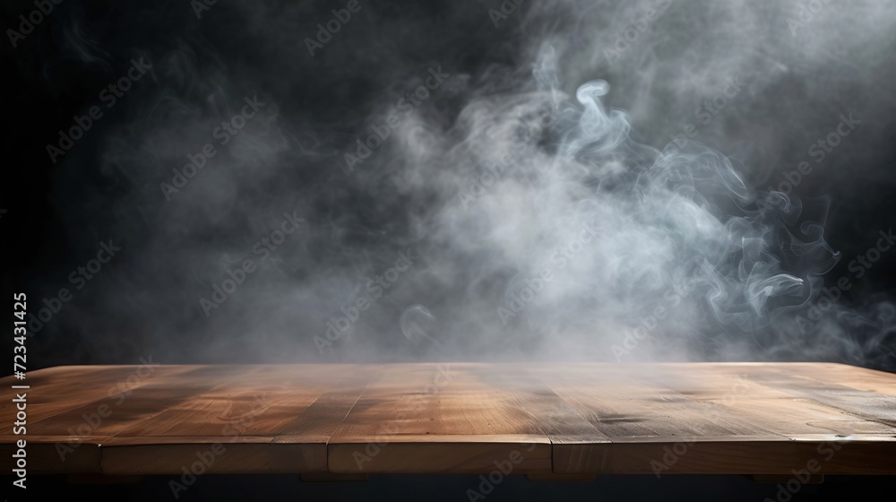 On a black background, an empty wooden table with smoke floats up. Empty space for displaying your products, with a smoke float up on a dark background. Space available for displaying  : Generative AI