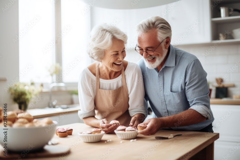 Caucasian married senior mature couple baking in the kitchen Caucasian married senior mature couple baking in the kitchen