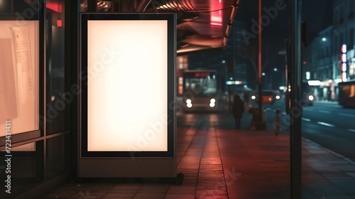 Blank white mock up of vertical light box in a bus stop at night : Generative AI photo