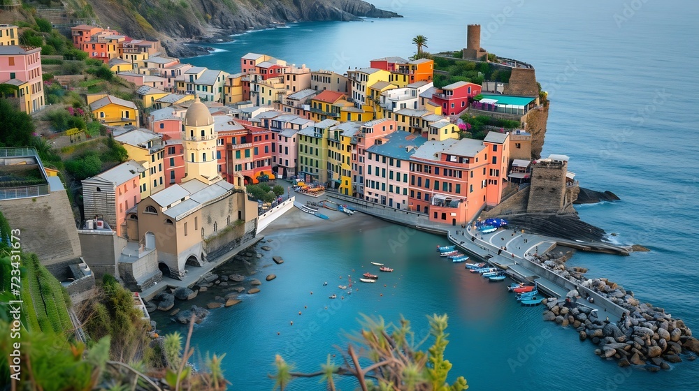Scenic view of colorful village Vernazza and ocean coast in Cinque Terre, Italy : Generative AI