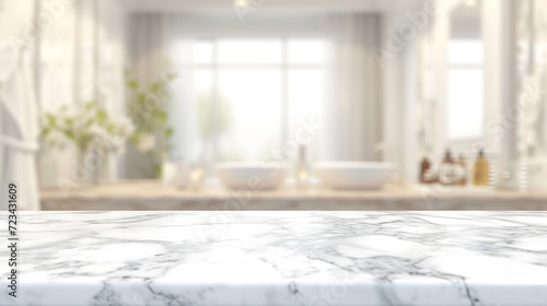 Blurred bathroom background and Marble counter table top can be used mock up for montage products display or design layout   Generative AI