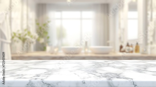Blurred bathroom background and Marble counter table top can be used mock up for montage products display or design layout : Generative AI