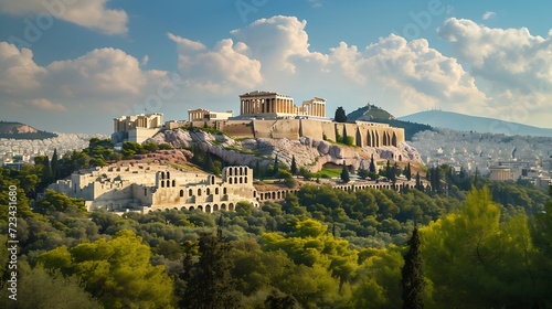 Parthenon and Herodium construction in Acropolis Hill in Athens, Greece. Beautiful landscape with green trees around ancient architecture. : Generative AI