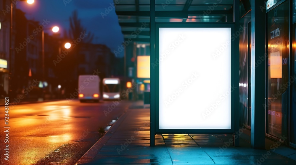 Blank white mock up of vertical light box in a bus stop at night : Generative AI