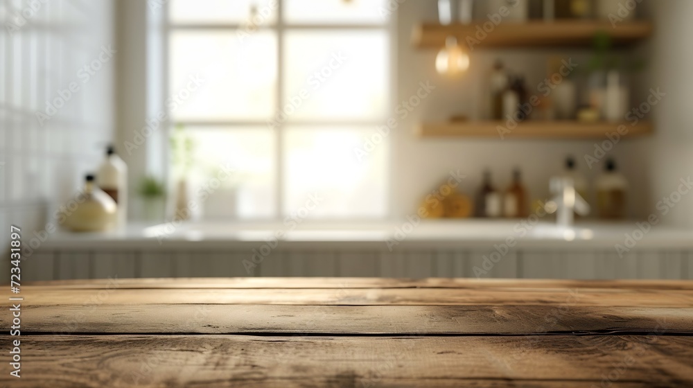 Wooden table on blurred background of bathroom window and shelves : Generative AI Wooden table on blurred background of bathroom window and shelves : Generative AI