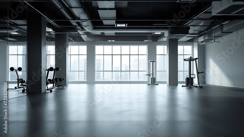 Empty gym, fitness or floor space for training hall in open room or health studio for exercise or workout. Interior, background or clean facility building for athletic sports or athlet : Generative AI photo
