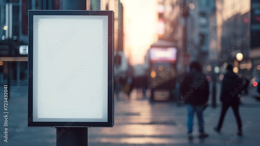 billboard at street corner. blank poster and advertising ad space. digital outdoor lightbox. base for mockup. empty display panel. glass design. soft streetscape. urban background with : Generative AI - obrazy, fototapety, plakaty 