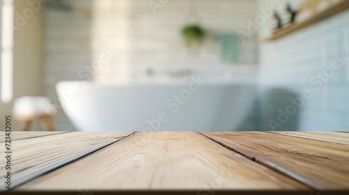 Wood tabletop on blur bathroom background  design key visual layout   Generative AI