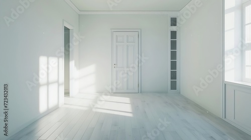Interior of spacious empty refurbished living room with whitewash walls laminated floor with white door   Generative AI