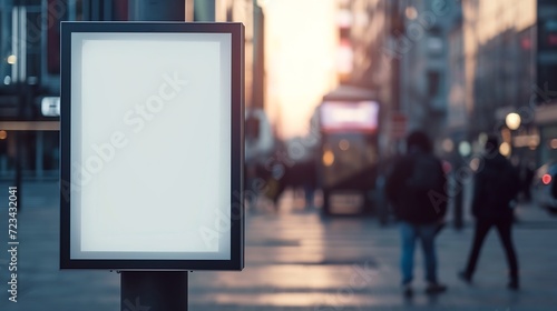 billboard at street corner. blank poster and advertising ad space. digital outdoor lightbox. base for mockup. empty display panel. glass design. soft streetscape. urban background with : Generative AI