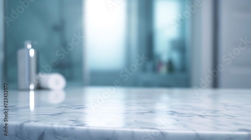 Empty marble table top with blurred bathroom interior background : Generative AI photo