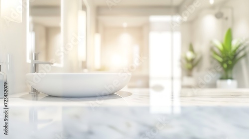 abstract blur interior luxury modern bathroom background with white marble counter tabletop for show promote ads product design on display   Generative AI