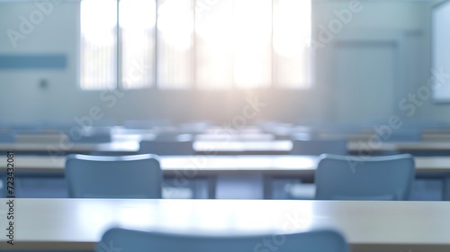 Empty defocused university classroom. Blurred school classroom without students with empty chairs and tables. Business conference room   Generative AI