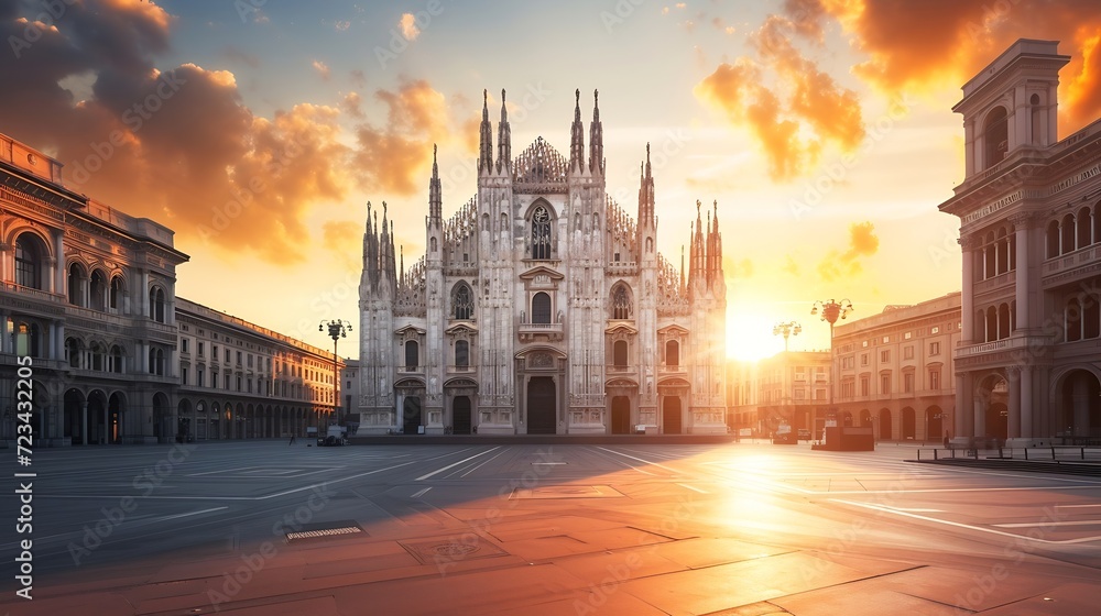 Milan Cathedral, Duomo di Milano, Italy, one of the largest churches in the world on sunrise : Generative AI