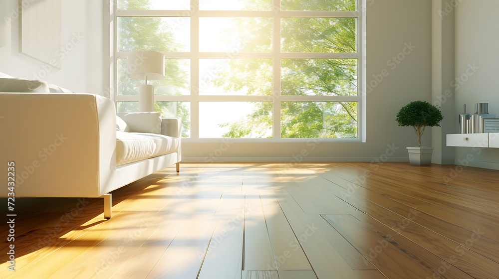 Fototapeta premium Empty living room with hardwood floor in modern apartment : Generative AI