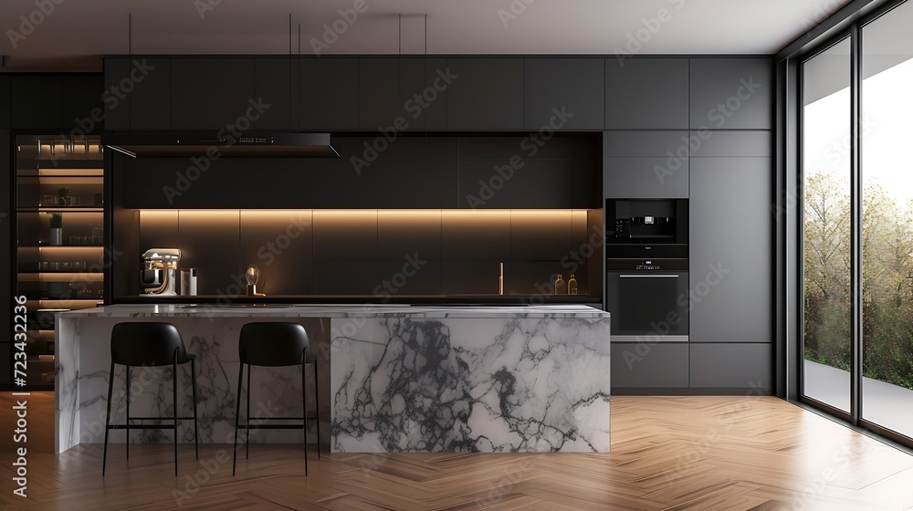 Front view of a modern designer kitchen with smooth handleless cabinets with black edges, black glass appliances, a marble island and marble countertops : Generative AI - obrazy, fototapety, plakaty 