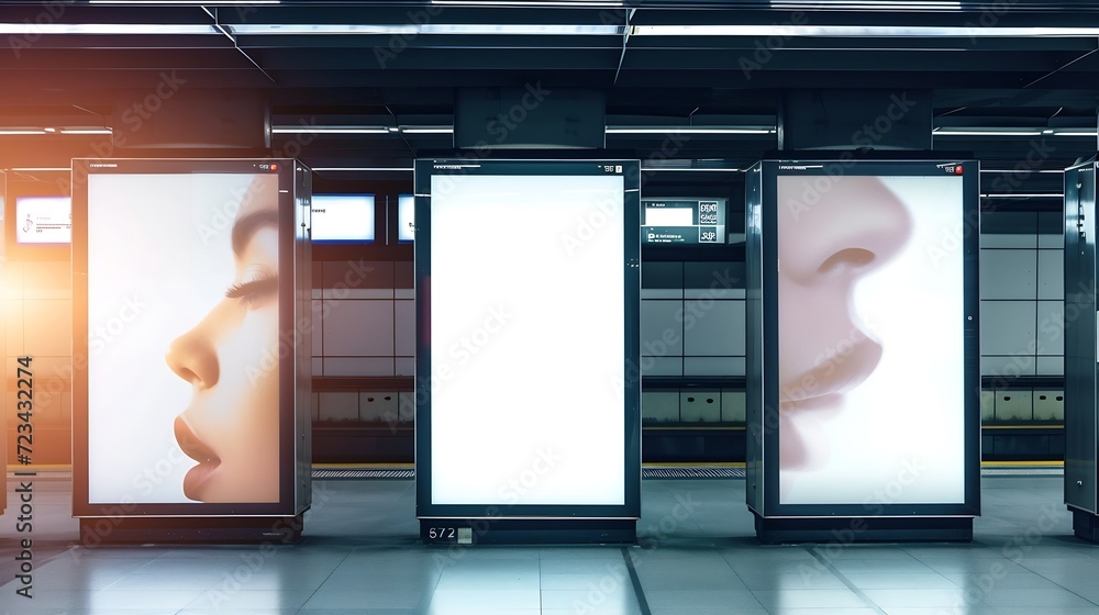 three big vertical poster on metro station : Generative AI - obrazy, fototapety, plakaty 