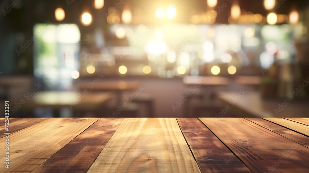 wood table on blur of cafe, coffee shop, bar, background - can used for display or montage your products : Generative AI