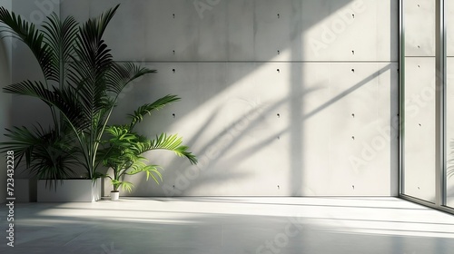 Blank concrete wall in modern empty room with tropical plant garden. Luxury house interior with green palm trees. Minimal architecture design. : Generative AI