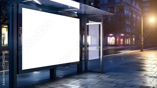 bus shelter at busstop. blank white lightbox. empty billboard. bus shelter ad. glass and aluminum structure. transit station. urban setting. city street background. stone sidewalk. bas : Generative AI photo