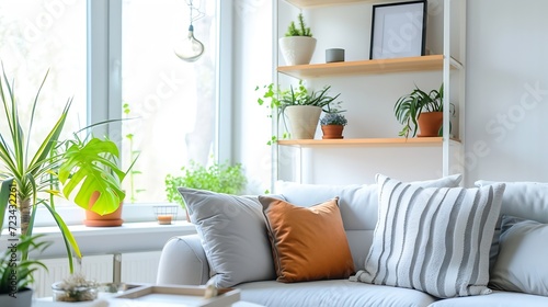 Bright living room space at modern apartment. Comfortable sofa with cushions near big window. Wooden shelf with pots, home decor and picture with copy space on white wall. : Generative AI