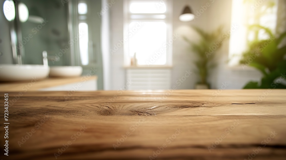 Wood tabletop on blur bathroom background, design key visual layout : Generative AI