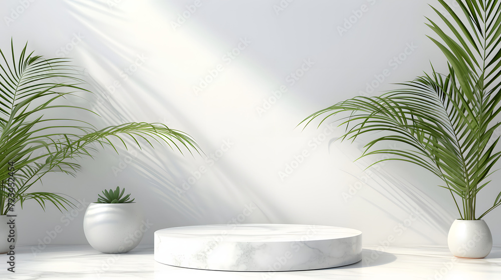 Minimal scene with white marble podium and palm leaves. Minimal scene with white marble podium and palm leaves.