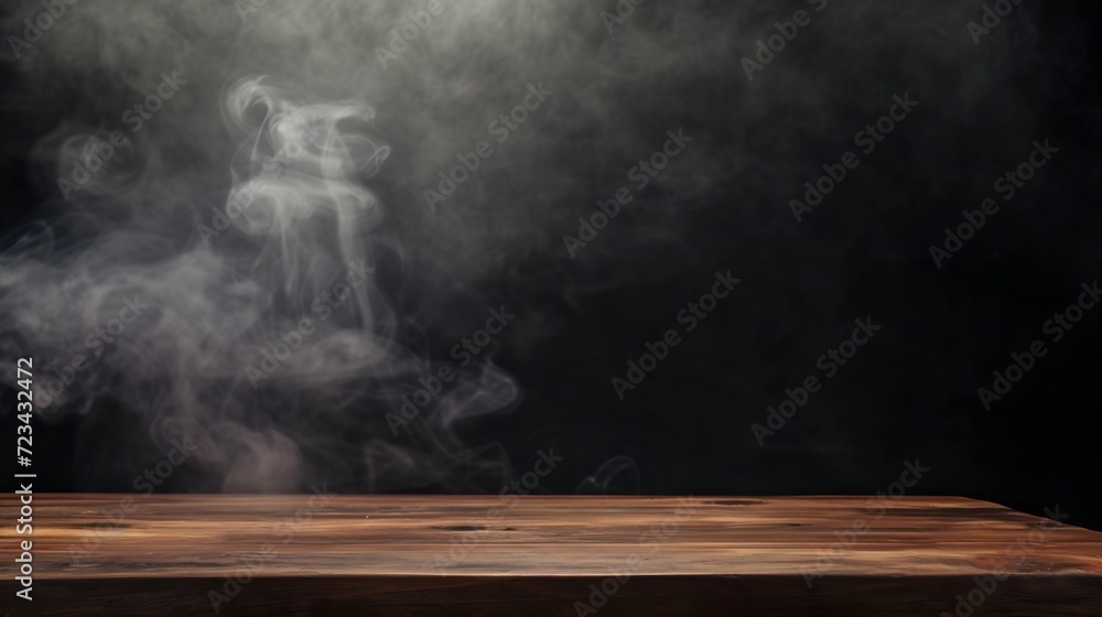 On a black background, an empty wooden table with smoke floats up. Empty space for displaying your products, with a smoke float up on a dark background. Space available for displaying  : Generative AI