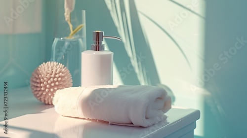 Soap dispenser and spa towel on pastel bathroom window interior : Generative AI